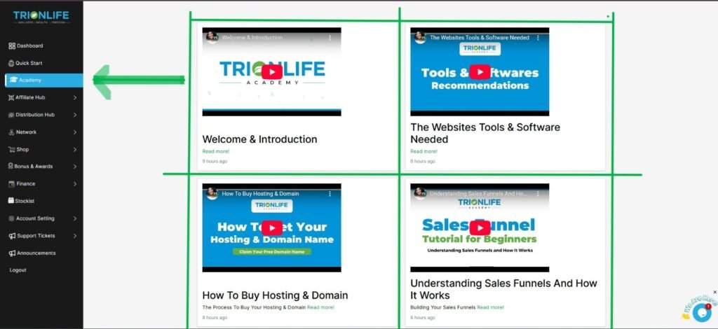 trionlife academy dashboard screenshot
